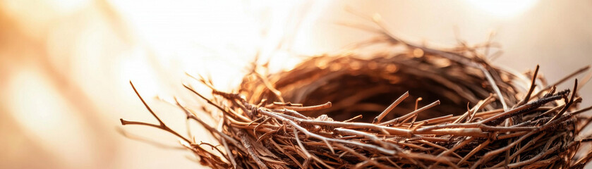 Fototapeta premium Handcrafted wooden bird nest concept. A close-up of a rustic bird's nest made of twigs, bathed in soft, warm light, evoking a sense of nature and tranquility.