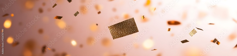 Poster a dynamic scene of floating golden confetti against a soft gradient background.