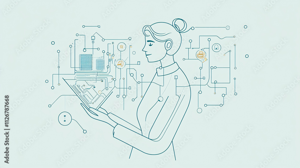 Poster a line drawing of an it support guy holding a circuit board, with minimal icons like power buttons a