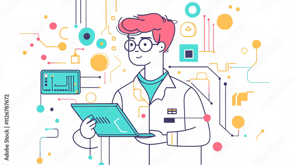 Poster a line drawing of an it support guy holding a circuit board, with minimal icons like power buttons a