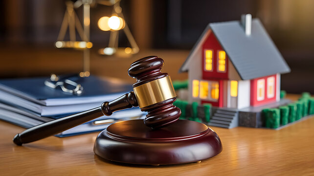 Judge auction and real estate concept Law hammer and house model Taxes and profit