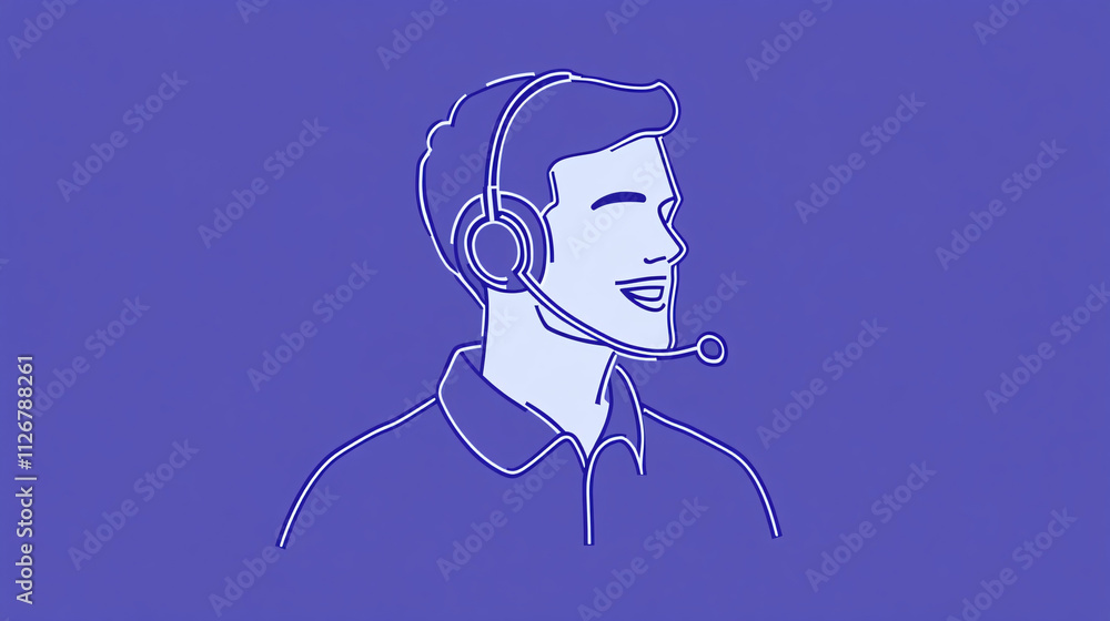 Poster a line-drawn avatar of a man with a headset, speaking into a microphone, symbolizing live tech suppo