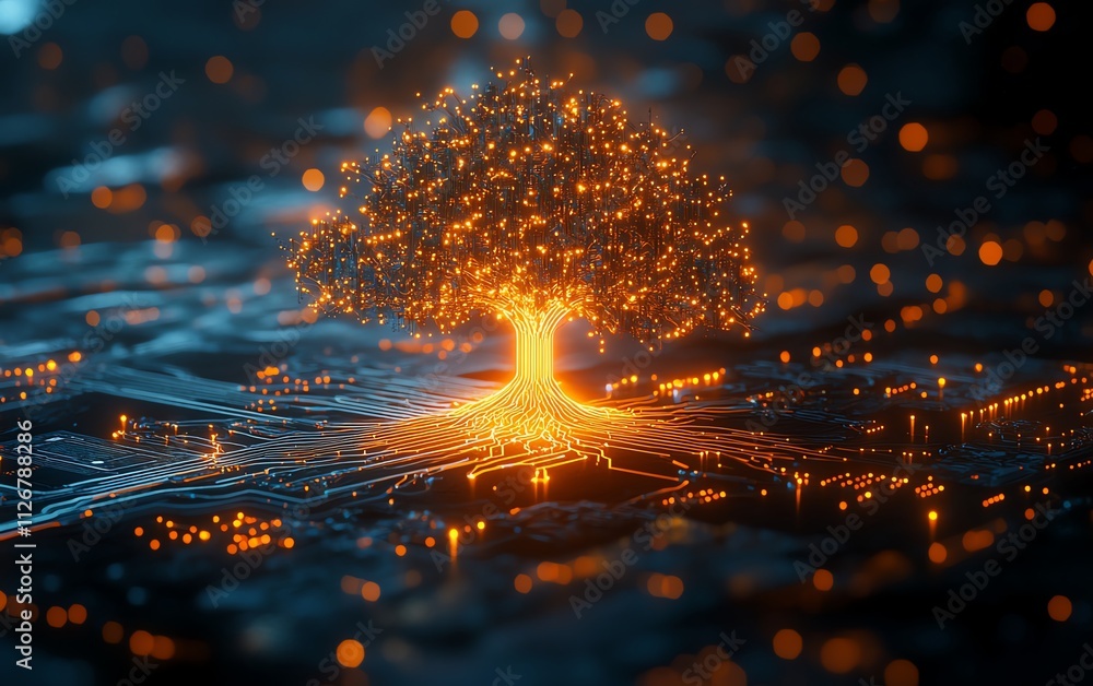 Poster a futuristic digital tree of light, its circuitry branches spreading from a glowing microchip, symbo