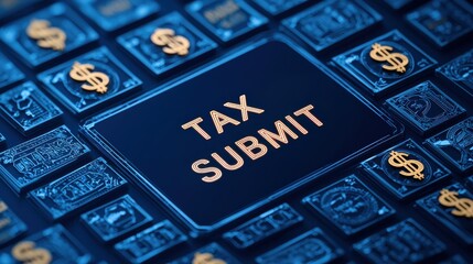 A close-up of a keyboard featuring a prominent "TAX SUBMIT" key, surrounded by dollar signs, highlighting tax submission in a digital context.