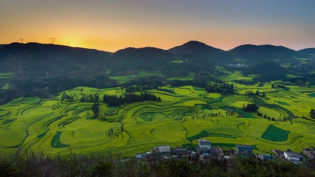 Timelapse sunrise over yellow rapeseed flower field in spring, Luoping, China