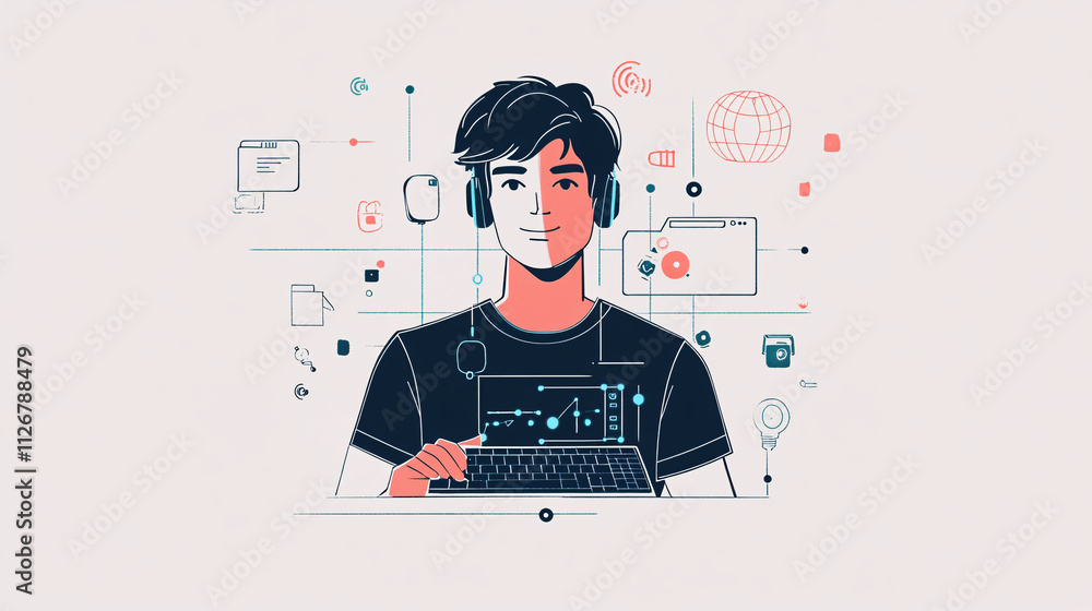 Poster a line-drawn avatar of a tech support guy holding a glowing keyboard, surrounded by minimal tech sym