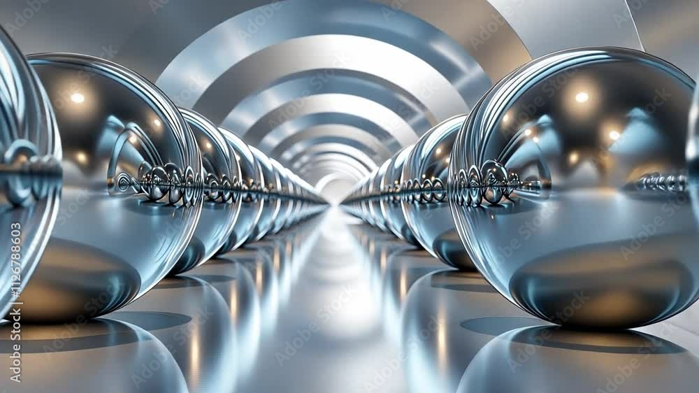 Poster metallic sphere tunnel: a mesmerizing abstract composition of gleaming metallic spheres lining a fut