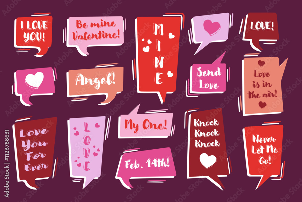Aufkleber valentine day greeting stickers, rectangular text boxes and speech bubbles, bold frames with text. c