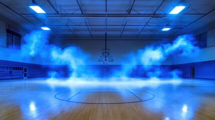 Ethereal Blue Smoke Swirling Over an Empty Basketball Court in a Dimly Lit Gymnasium, Creating a Mysterious and Atmospheric Scene