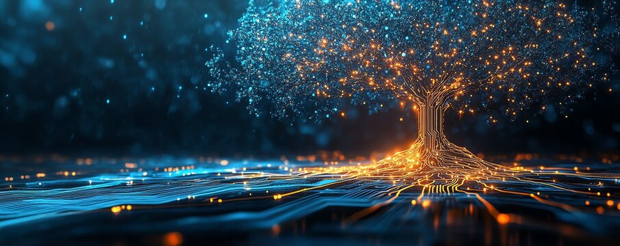 A glowing technological tree with branches of circuitry extending from a microchip, set against a sleek and mysterious dark background