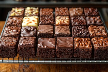 A tray of assorted brownies with different toppings