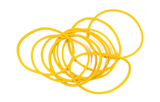Yellow rubber bands isolated on white, top view