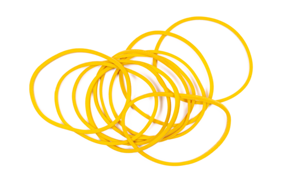 Yellow rubber bands isolated on white, top view