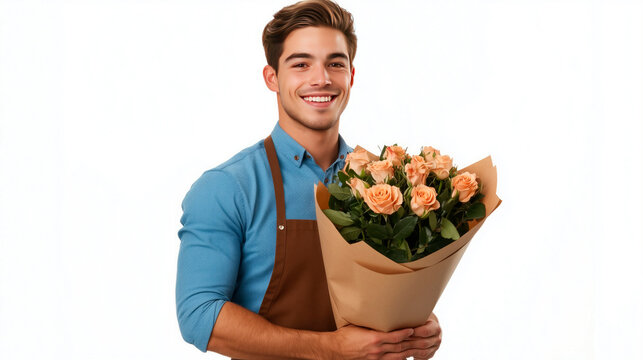 Young smilling man in blue shirts and brown aproon holdihg a big bouquet of pinr roses in craft paper, looking at camera