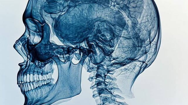 Blue Hues of the Human Skull: A detailed x-ray reveals the intricate structure of a human skull and cervical spine, showcasing the complexity of the human anatomy in a captivating medical image.  