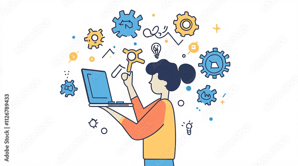 Poster a line-drawn figure of an it support agent lifting a laptop, with floating gear and wrench icons rep
