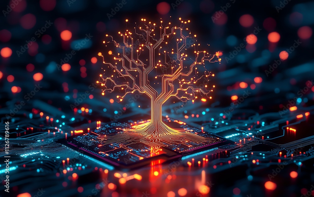 Aufkleber A luminous tree of technology with branching circuits emerging from a microchip, radiating vibrant neon colors on a sleek black background