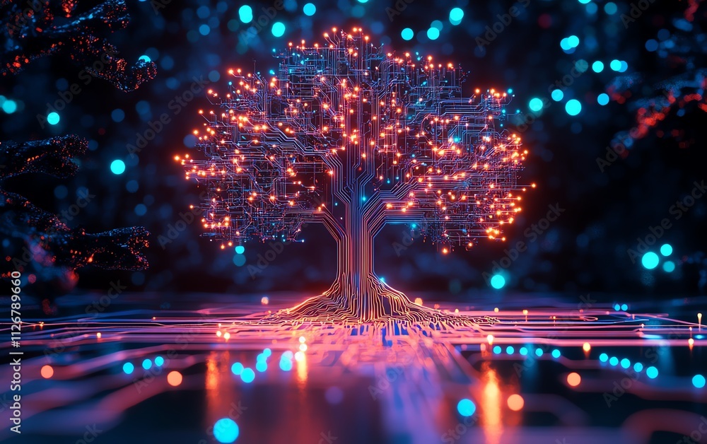 Aufkleber A luminous tree of technology with branching circuits emerging from a microchip, radiating vibrant neon colors on a sleek black background