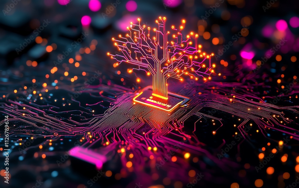 Aufkleber A luminous tree of technology with branching circuits emerging from a microchip, radiating vibrant neon colors on a sleek black background
