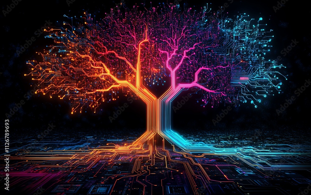 Aufkleber A luminous tree of technology with branching circuits emerging from a microchip, radiating vibrant neon colors on a sleek black background