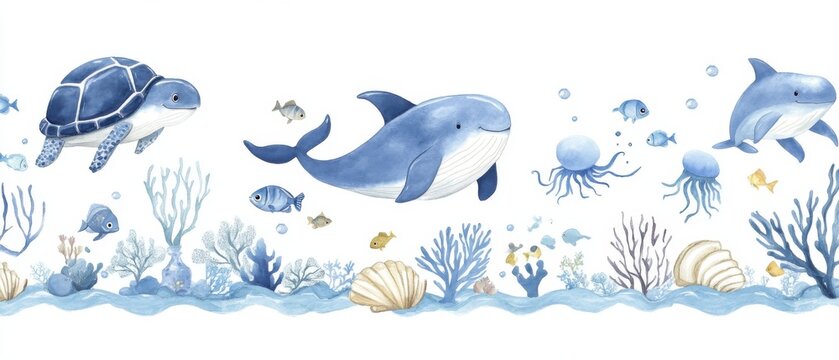 Enchanting Watercolor Ocean Border with Whale, Turtle, and Coral Reef