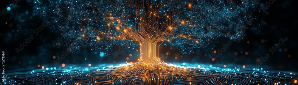 Poster a radiant tree of light with detailed circuitlike branches rooted in a glowing microchip, shining ag