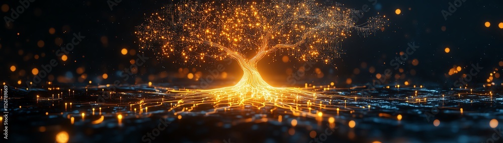 Poster a radiant tree of light with detailed circuitlike branches rooted in a glowing microchip, shining ag