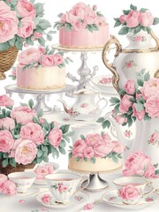 Vintage watercolor of a classic tea party. feature bouquets of pink flowers overflowing from baskets, teapots, vintage tea-time ambiance.