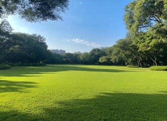 Obraz premium Serene Park Scenery: Lush Green Grass and Majestic Trees Under a Clear Sky