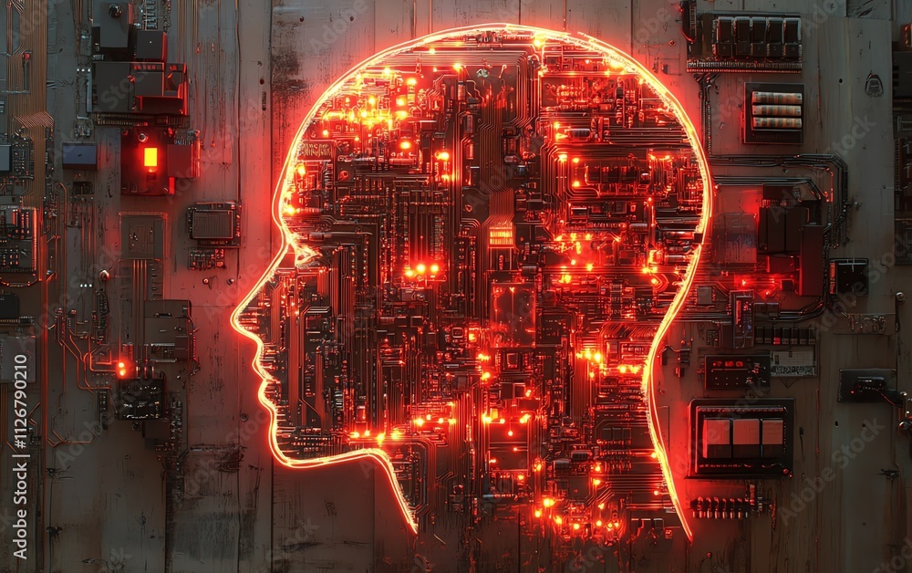 Aufkleber a sophisticated circuit board design with a human head silhouette made of copper traces, lit by dyna