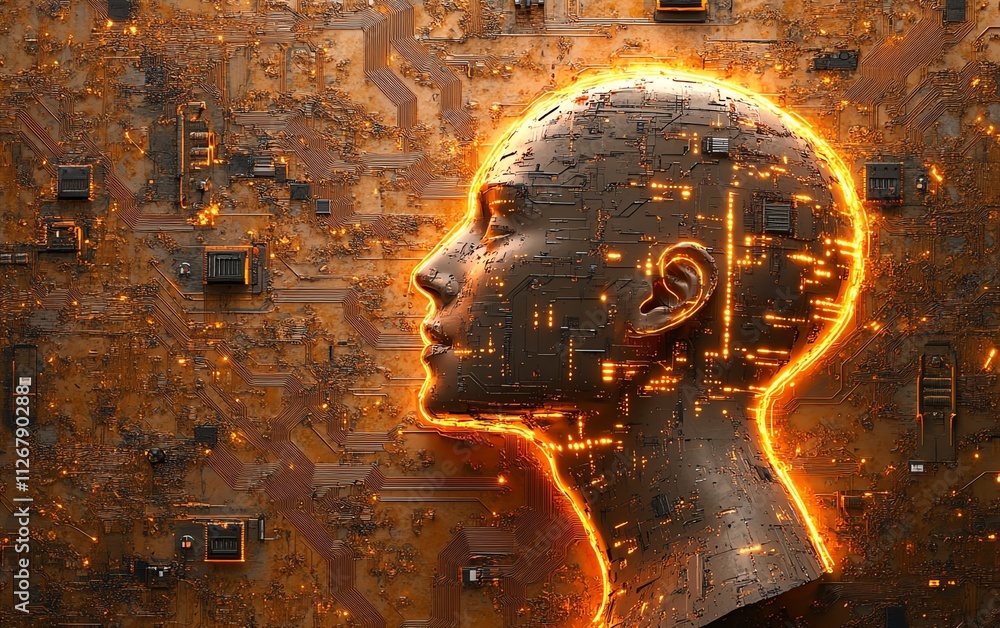 Leinwandbilder a sophisticated circuit board design with a human head silhouette made of copper traces, lit by dyna