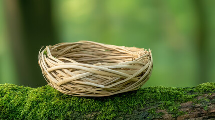 Handcrafted wooden bird nest concept. A simple, empty bird's nest made of twigs and grass rests on a moss-covered tree branch, surrounded by a lush green forest background.