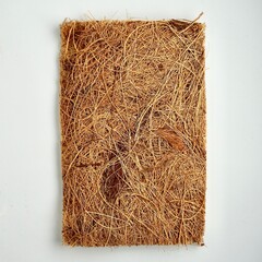 One piece of brown house cleaning scrubber tool from coconut heap material isolated on square white background from top angle view.