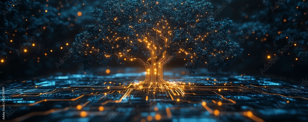 Poster a surreal tree of light with complex circuitry branching out from a glowing microchip, symbolizing t