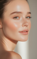 Fototapeta premium Close-up of a freckled beautiful woman with a light makeup in natural light