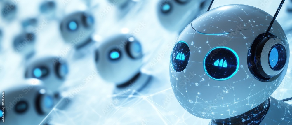 Poster network of futuristic robots communicating and connecting in a digital world