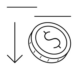 Downward pointing arrow beside a coin featuring a dollar sign, illustrating economic decline. Ideal for financial reports, investment analysis, economic trends, recession discussions, business