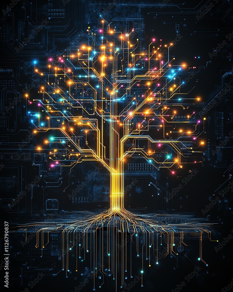 Poster a vibrant digital tree of innovation, its circuit branches glowing with neon hues, emerging from a d