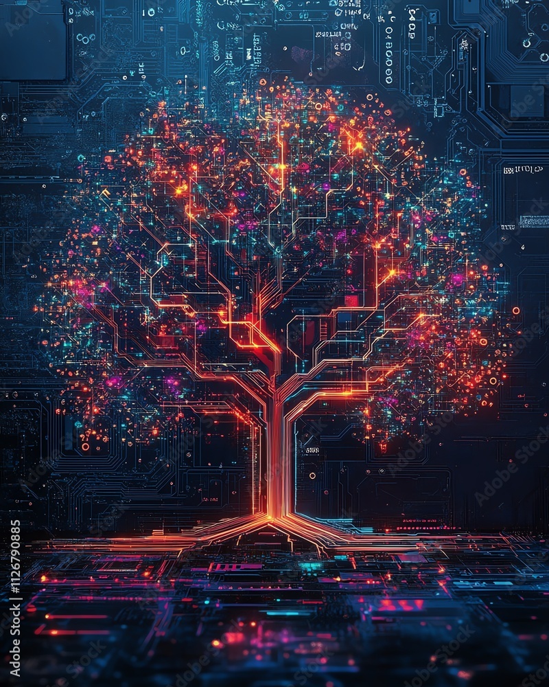 Poster a vibrant digital tree of innovation, its circuit branches glowing with neon hues, emerging from a d