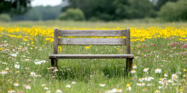 The handmade woodwork. A rustic bench in a vibrant wildflower field under soft sunlight.