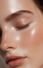 Close-up of a freckled woman with glowing skin and closed eyes