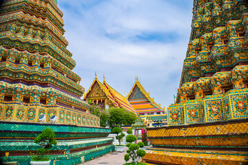 Picture of pagodas in Wat Pho in Bangkok, Thailand, one of Thailand's oldest temples.