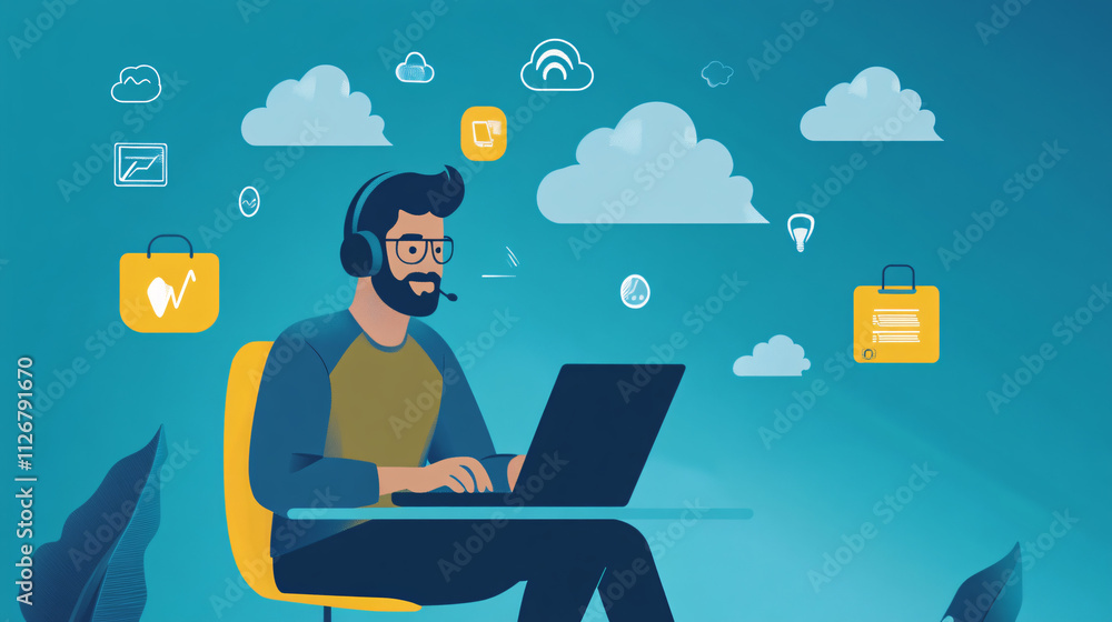 Poster a minimal illustration of an it support agent working remotely, surrounded by floating cloud icons a