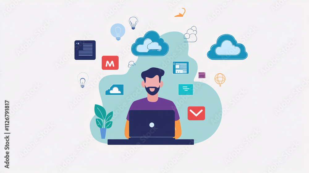 Poster a minimal illustration of an it support agent working remotely, surrounded by floating cloud icons a
