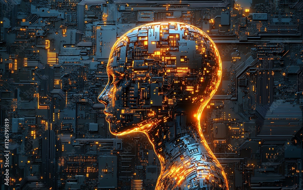 Poster an intricate circuit board design with a metallic copper human head silhouette at its center, illumi
