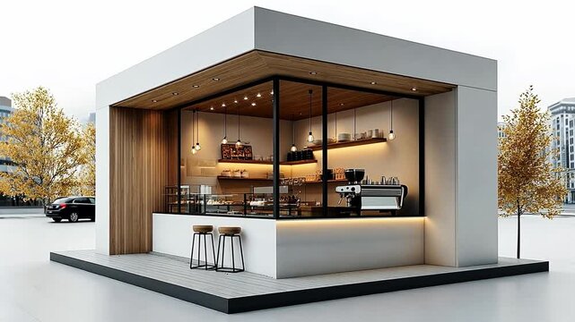 Modern Coffee Shop Kiosk:  A sleek and minimalist coffee shop kiosk design with a modern aesthetic, featuring a large glass storefront, wooden accents, and a contemporary interior.