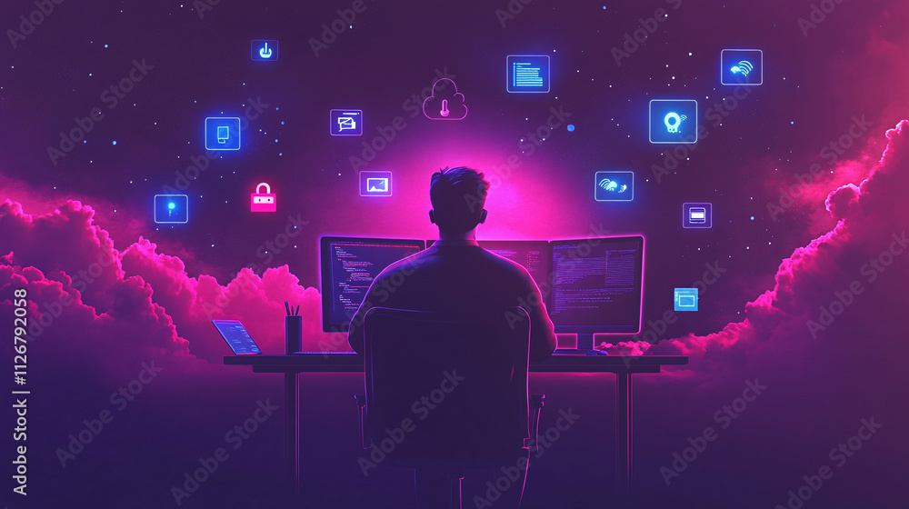 Poster a minimalist avatar of an it man sitting at a computer, surrounded by small floating icons for cloud
