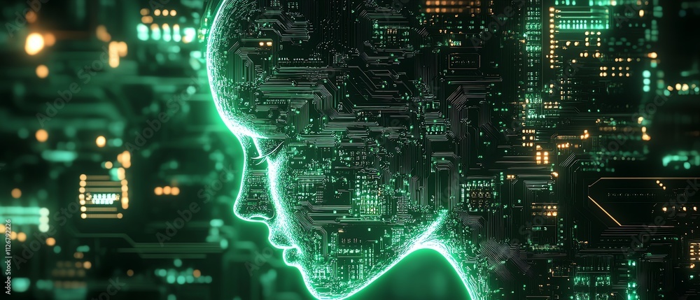 Poster closeup of a glowing green circuit board with intricate copper lines forming a human head silhouette