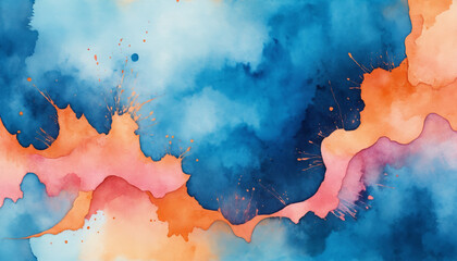 Abstract watercolor design with a blue core, bordered by vivid orange and pink hues, showcasing a radiant center and distressed, fringe-like textures.