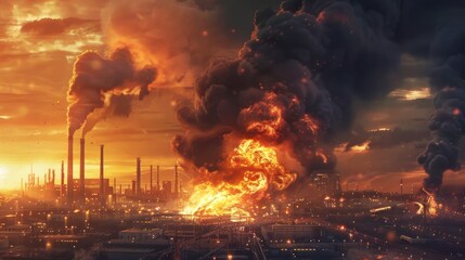 Fototapeta premium Fire and smoke rising from industrial refinery plant explosion at sunset 